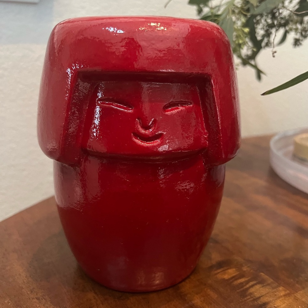Vintage Red Pottery Kokeshi Doll Statue Figurine MCM Japanese Kokeshi Glaze